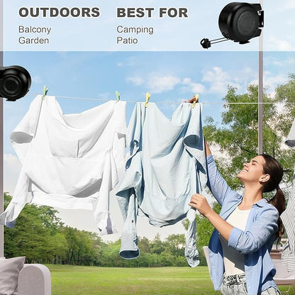 Retractable Clothesline Outdoor - 49 Feet Heavy Duty Dual Clotheslines for Outside Laundry Drying, Wall-Mounted & Portable Installation (Black)