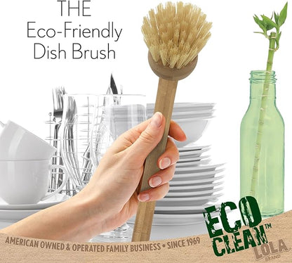 LOLA Eco Clean Bamboo Dish Brush, 6 Pack, Multi Purpose, Sustainable Ergonomic Renewable Bamboo Handle, Fibers are Recycled Soda/Water Bottles
