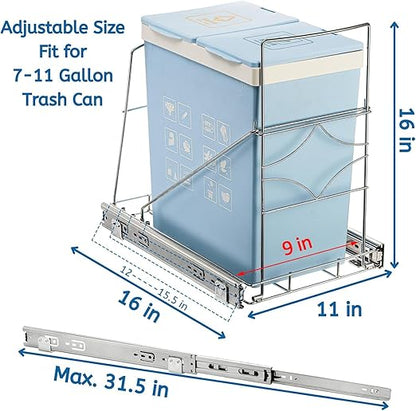Youeon Pull Out Trash Can Under Cabinet, Adjustable Stainless Steel Under Sink Trash Can Pull Out, Slide Out Garbage Shelf, Fit for 7-11 Gallon Trash Can(Not Included)