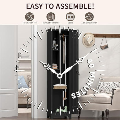 Slim Broom Closet Storage Cabinet, Black Metal Cabinets with Lock and & S-Hooks, Cleaning Supply Cabinet, Utility Closet Cabinets for Garage, Office, Gym