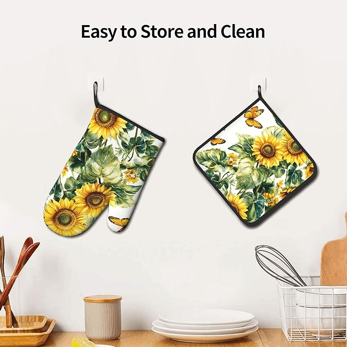 Sunflower Oven Mitts and Pot Holders Spring Summer Kitchen Accessories Set of 2 Floral Plant Botanical Gloves Potholder for Chef Cooking Baking Grilling BBQ