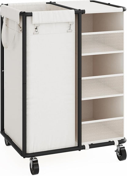 WOWLIVE Laundry Sorter with Wheels 100L Rolling Laundry Hamper with Hanging and Removable Bag Laundry Cart with Steel Frame and Storage Unit Large Basket Organizer for Dorm Room, Bathroom (Beige)