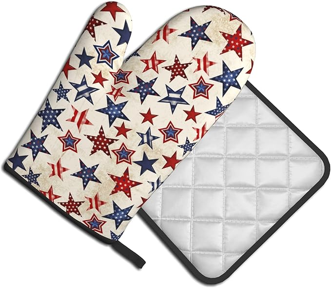 Patriotic Stars Oven Mitts - 4th of July Kitchen Mitts Pot Holders Sets of 2 Red White and Blue Hot Mitts Independence Memorial Day Hot Pads for Cooking Baking Grilling
