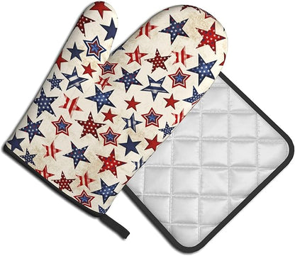 Patriotic Stars Oven Mitts - 4th of July Kitchen Mitts Pot Holders Sets of 2 Red White and Blue Hot Mitts Independence Memorial Day Hot Pads for Cooking Baking Grilling