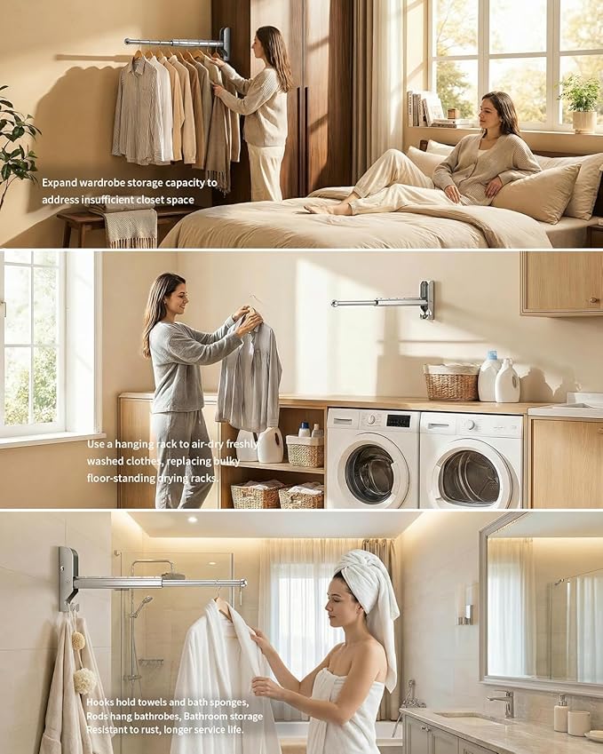 BaiNong Wall Mounted Drying Rack 13" Foldable Clothes Hanger Silver Pull-Out Clothes Drying Rod for Laundry, Closets, Rntryway (1, 13" Silver)