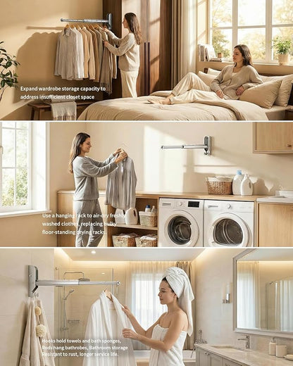 BaiNong Wall Mounted Drying Rack 13" Foldable Clothes Hanger Silver Pull-Out Clothes Drying Rod for Laundry, Closets, Rntryway (2, 13" Silver)
