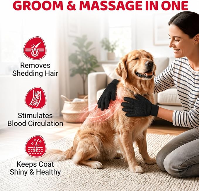 Pet Hair Remover Roller with 2 Grooming Gloves – Reusable Lint Remover for Dogs and Cats (Red)