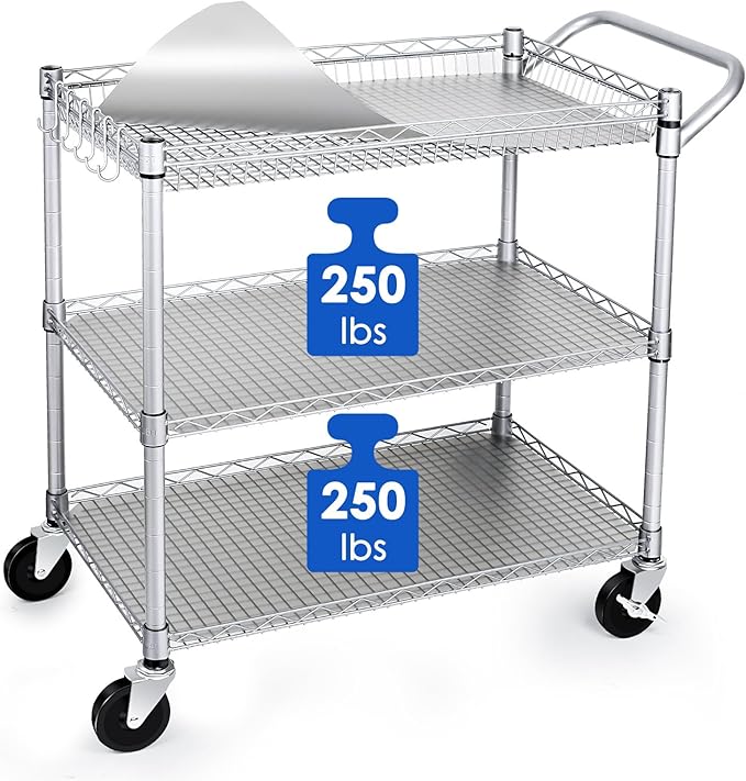WDT Heavy Duty 3 Tier Utility Cart,Wire Rolling Carts with Wheels, Commercial Grade Service Cart with Shelving Liners and Handle Bar Metal Carts for Kitchen Office Hardware