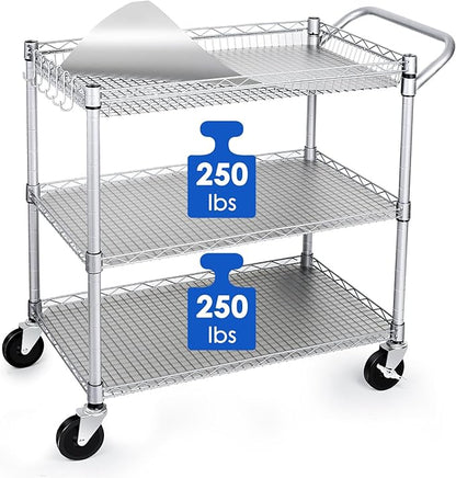 WDT Heavy Duty 3 Tier Utility Cart,Wire Rolling Carts with Wheels, Commercial Grade Service Cart with Shelving Liners and Handle Bar Metal Carts for Kitchen Office Hardware