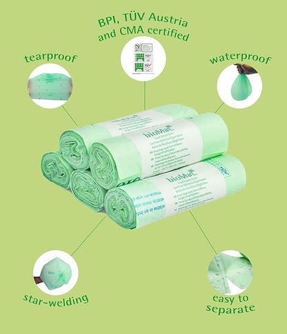 bioMat Compostable Trash Bags 13 Gallon, 10 Count, Tall flat top Kitchen Food Scrap Bin Liners, BPI, CMA and OK Compost HOME certified, Meets the ASTM D6400 Standard