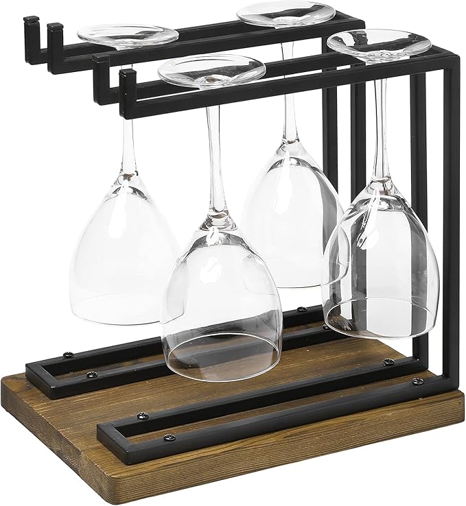 MyGift Industrial Metal Wine Glass Rack Holder Stand with 2 Hanger Bars and Rustic Wooden Base, Countertop Hanging Stemware Holder