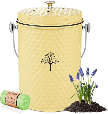 AOSION Countertop Compost Bin Kitchen,Odor Resistant Indoor Compost Bin with Lid and 50 Compost Bags,Compost Bucket Composter Container for Food Waste,Yellow,1.0 Gallon