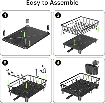 Dish Drying Rack, Dish Racks for Kitchen Counter, Detachable Dish Drainer with Drainboard, Utensil Holder, Cup Holder, Space Saving Kitchen Drying Rack for Small Home and Appartment, Black