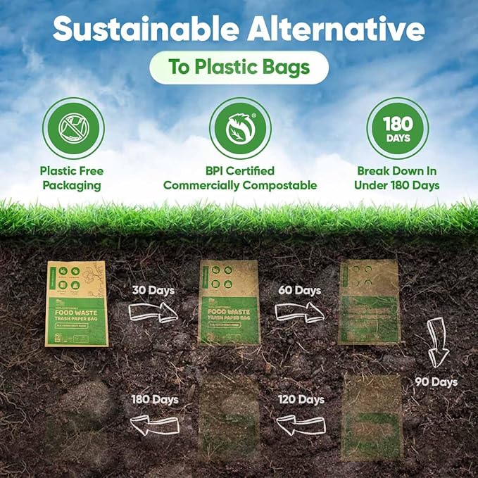 Kitchen Food Waste Bags – 40 bags – 100% Compostable Paper – Leak-resistant liner – Completely Plastic-free & Environmentally Friendly – Certified by BNQ & BPI - 40 Brown Paper Compostable Bags (40)