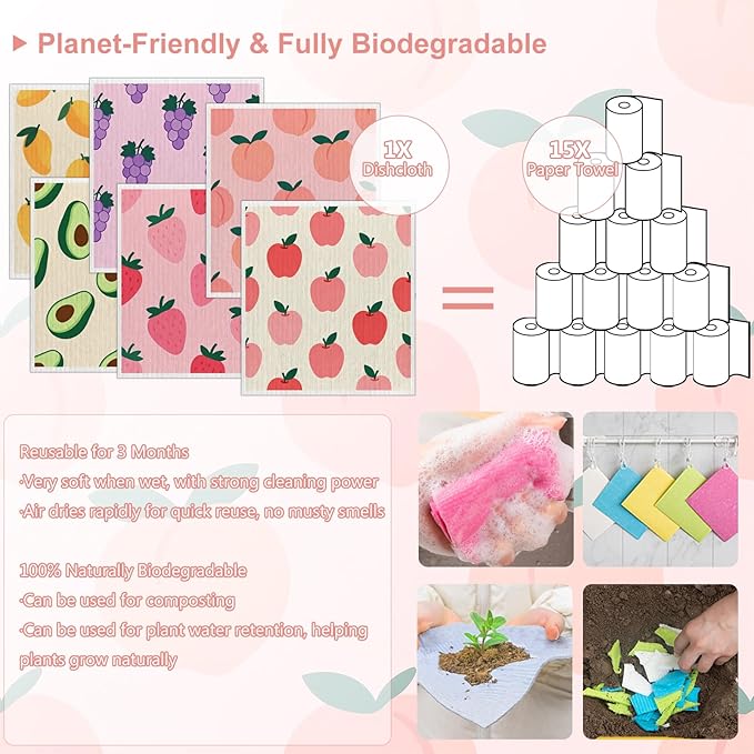 Swedish Dishcloths 6-Pack, Super Absorbent & Fast-Drying Reusable Dish Towels, Biodegradable Kitchen Sponge Cloths with Fruit Prints for Dishes, Countertops, Windows & Car