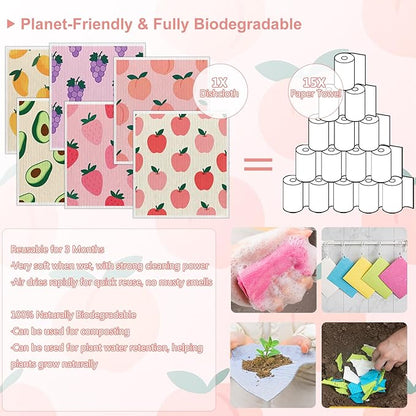 Swedish Dishcloths 6-Pack, Super Absorbent & Fast-Drying Reusable Dish Towels, Biodegradable Kitchen Sponge Cloths with Fruit Prints for Dishes, Countertops, Windows & Car