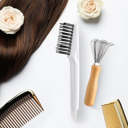 Boao 2 Pieces Hair Brush Cleaning Tool Comb Cleaner Brush Mini Comb Cleaning Hair Remover Tool for Removing Dust Home and Salon Use(White, Wood Color,Polished Wooden Handle Rake)