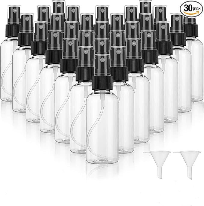 30 Pack 2 oz Fine Mist Mini Clear Spray Bottles with Pump Spray Cap - for Essential Oils, Travel, Perfumes - Refillable & Reusable Empty Plastic Bottles Travel Bottle