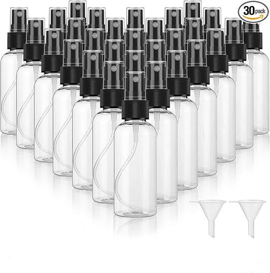 30 Pack 2 oz Fine Mist Mini Clear Spray Bottles with Pump Spray Cap - for Essential Oils, Travel, Perfumes - Refillable & Reusable Empty Plastic Bottles Travel Bottle