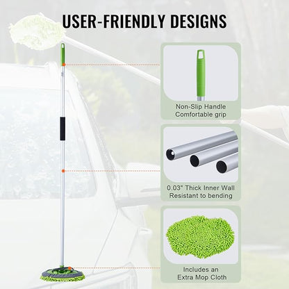 VEVOR Car Wash Brush, 62-Inch Extendable Car Washing Brush with Long Handle, Soft Chenille Fiber Car Wash Mop Mitt, 180° Rotatable Car Cleaning Brush with 1 Replacement Mop for Car, RV, Window, Floor