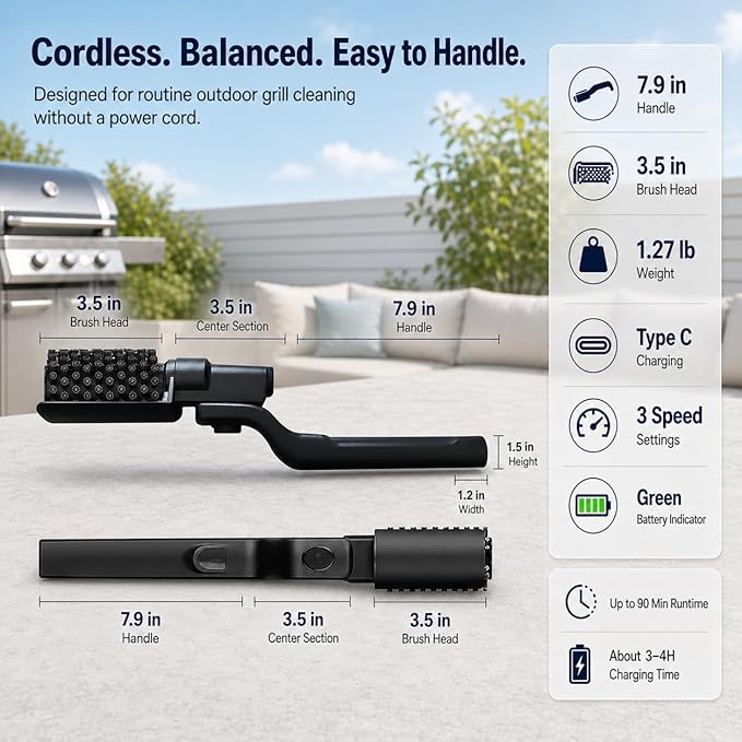 Electric Grill Brush, Cordless BBQ Cleaner for Gas, Charcoal and Smoker Grates, 3 Speed 300 to 400 RPM, 90 Min Runtime, 180 Degree Adjustable Head, Type C Rechargeable