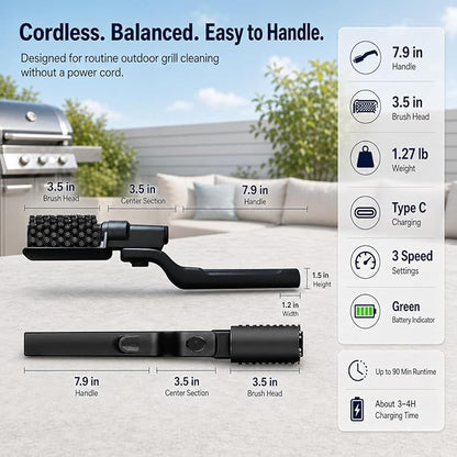 Electric Grill Brush, Cordless BBQ Cleaner for Gas, Charcoal and Smoker Grates, 3 Speed 300 to 400 RPM, 90 Min Runtime, 180 Degree Adjustable Head, Type C Rechargeable