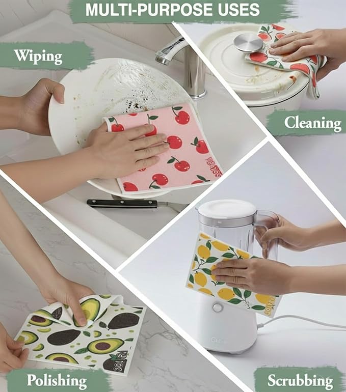 10 PCS Fruit Print Swedish Dishcloths for Kitchen 100% Biodegradable, Reusable Cellulose Sponge Cloths Ultra Absorbent, Eco Friendly Cleaning Towels Dishcloths for Washing Dishes & General Cleaning