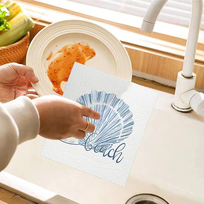 Beach Ocean Swedish Dishcloths for Kitchen, Shells Swedish Dish Cloths for Ocean, 4 Pack Dish Towels for Kitchen, Papaya Reusable Paper Towels Washable