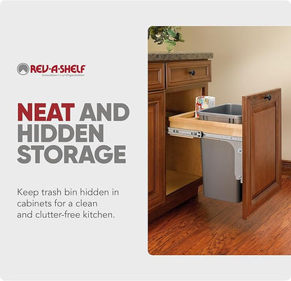 Rev-A-Shelf Top Mount Single Pullout Under Cabinet 35 Quart Kitchen Trash Can w/Storage & Reduced Depth, 150 Pound Rated Full-Extension Slides, 4WCTM-1816DM-1