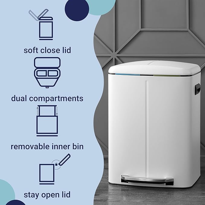 happimess HPM1005C Marco Rectangular 10.6-Gallon Double Bucket Trash Can with Soft-Close Lid, White, Fingerprint Resistant, Modern, Minimalistic for Home, Kitchen, Office, Bedroom, Bathroom