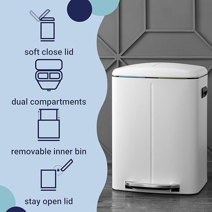 happimess HPM1005C Marco Rectangular 10.6-Gallon Double Bucket Trash Can with Soft-Close Lid, White, Fingerprint Resistant, Modern, Minimalistic for Home, Kitchen, Office, Bedroom, Bathroom