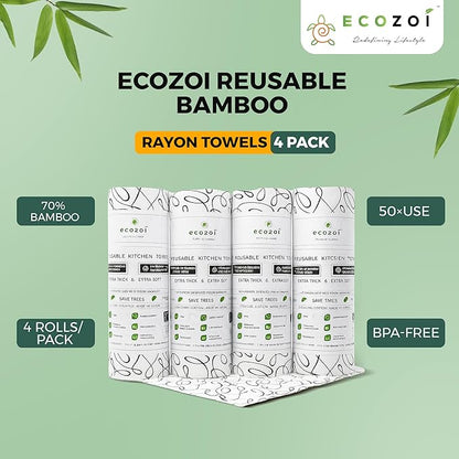 Ecozoi Bamboo Rayon Reusable Towels - 4 Pack | Equivalent to 80 Regular Rolls | 70% Rayon from Bamboo and 30% Cotton Kitchen Paper Rolls | 50 Times More Usage than Regular Paper Rolls