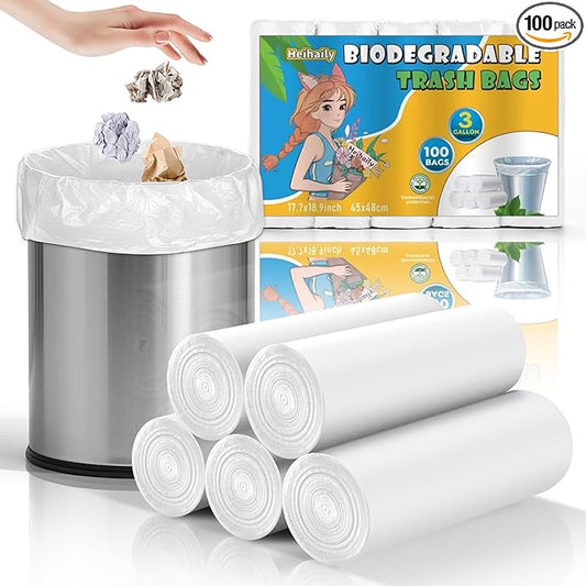 3 Gallon Small Biodegradable Trash Bags - Heihaily Clear White 100 Count Waste Basket Liners Strong Thick Recyclable Compostable Garbage Bag for Kitchen Bedroom (Unscented, 5 Rolls)