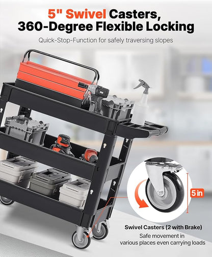 VEVOR Utility Cart, 3-Tier Plastic Service Cart with 550LBS Capacity, 360° Swivel Casters (Including 2 Locking Wheels), Medium Lipped Shelves, Ergonomic Handle, for Garage, Warehouse, Cleaning Tasks
