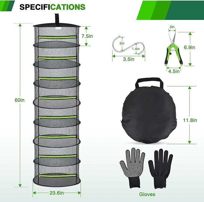 Yesker 8 Layer Herb Drying Rack Hanging Mesh Foldable Plant Drying Racks 24" w Green Zipper Pruning Shears Gloves Dryer Hanging Rack for Herbs Seed Bud Fruit Clothes Grow Tent Closets Garden Outdoor