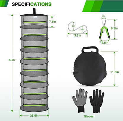 Yesker 8 Layer Herb Drying Rack Hanging Mesh Foldable Plant Drying Racks 24" w Green Zipper Pruning Shears Gloves Dryer Hanging Rack for Herbs Seed Bud Fruit Clothes Grow Tent Closets Garden Outdoor