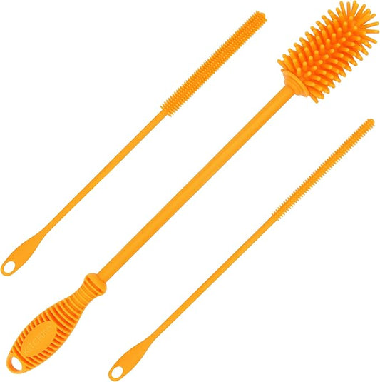 Kitchiny Silicone Bottle Brush with 2 Straw Cleaners - 12.5” Water Bottle Cleaner Brush for Yeti, Hydro Flask, Owala, Stanley, Baby Bottles, Glassware, Vases & Narrow Neck Containers - Orange