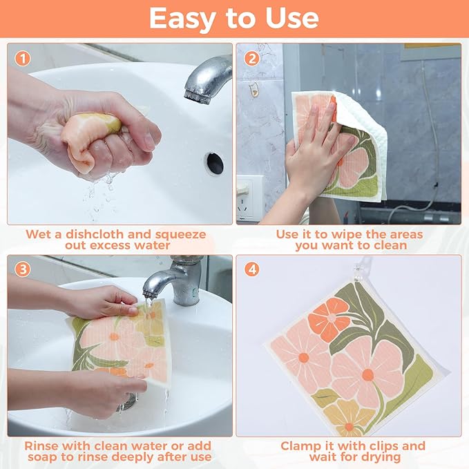 Needbrock 6 Pack Swedish Dishcloths for Kitchen,Abstract Floral Dish Towels with Clips, Reusable Paper Towels Washable Absorbent Cellulose Sponge Cloths No Odor for Cleaning Home Kitchen