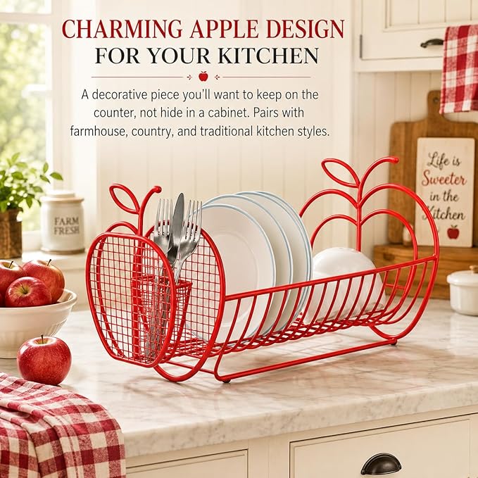 Jumbl Expandable Dish Drying Rack with Utensil Holder, Apple Design Metal Dish Drainer Adjusts 14 to 27 Inches, Rust-Resistant Countertop Dish Strainer for Kitchen Sink, RV, and Small Apartments