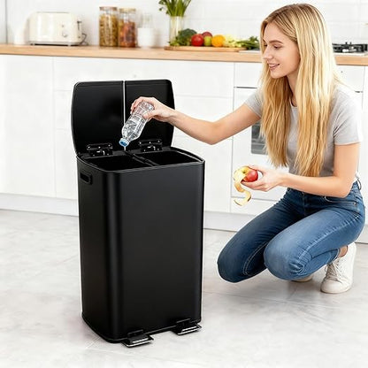 GarveeHome Commercial Dual Trash Can, 16 Gallon Stainless Steel Double Compartment Recycling Bin with Soft-Close Lids, Pedals & Plastic Inner Buckets, 60L Garbage Can for Kitchen, Home, Office, Black