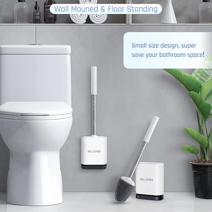 Sellemer Toilet Brush and Holder Set for Bathroom, Flexible Toilet Bowl Brush Head with Silicone Bristles, Compact Size for Storage and Organization, Ventilation Slots Base (2 Pack, White)