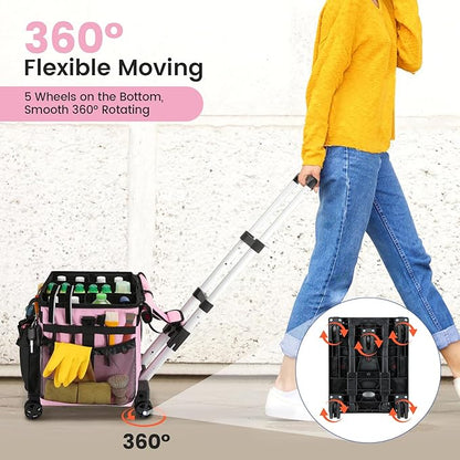 Housolution Extra Large Rolling Cleaning Caddy Bag with Detachable Trolley, Upgraded 360° Free Rotating with 5 Wheels and Dust-Proof Lid, Professional Cleaning Supplies Bag for Housekeepers, Pink