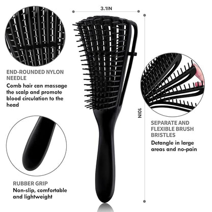 4pcs Curly Hair Brush Set for Adult & Kids Wet or Dry, Detangling Brush for 3/4ABC Hair with Wide Tooth Comb (4, Black)