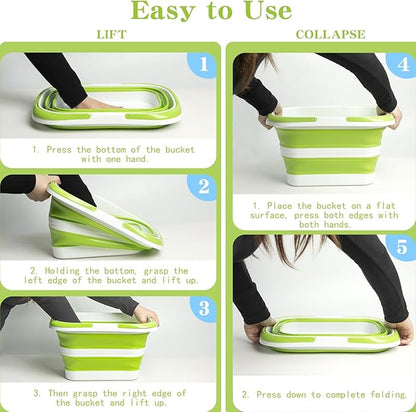 Large Collapsible Bucket for Cleaning, 4.2 Gallon (16L) Silicone Bucket with Handle & Hanging Hole, Foldable Space-Saving Mop Bucket for Home, Storage. Car Wash, Camping, Beach (Green White)