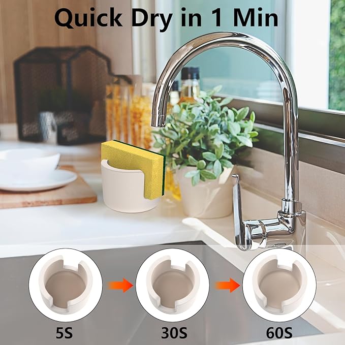 Kitchen Sponge Holder for Sink, Diatomite Standing Dish Sponge Holder Cup, Ceramic Fast Drying Stone Sink Caddy Kitchen Sink Organizer for Kitchen Counter Dish Small Sink Caddy, Beige