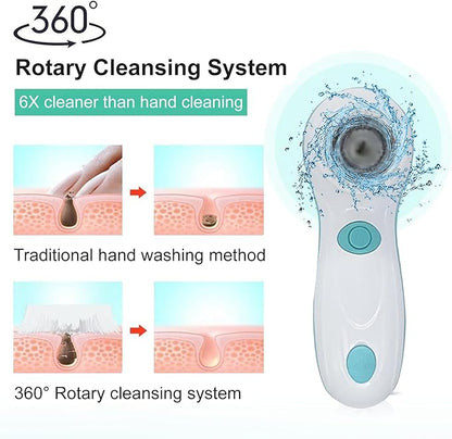 Facial Cleansing Brush, Electric Face Scrubber with 4 Cleanser Heads and 2 Speeds Adjustable for Deep Cleaning, Portable Rechargeable and Waterproof Face Wash Brush for Women & Men (Green)