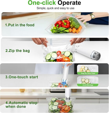 Vacuum Sealer for Food (Compact Vacuum Sealer Machine + 40 Reusable Vacuum Bags), Powerful 80Kpa Portable Vacuum Sealer for 10X Preservation & Fresh, Handheld Vacuum Food saver