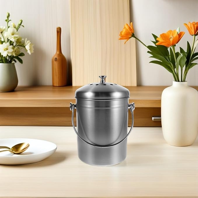 Garneck Stainless Steel Kitchen Compost Bin with Lid Odorless Countertop Food Waste Bucket Metal Compost Pail for Indoor Kitchen Trash and Food Scraps Management