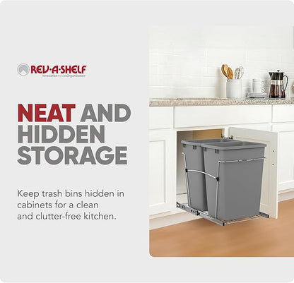 Rev-A-Shelf Double 35 Qt Pullout Trash Can for Base Kitchen Cabinets, Garbage Waste Bin System with Full-Extension Slides, Min Opening Width of 14.5", Silver, RV-18KD-17C S