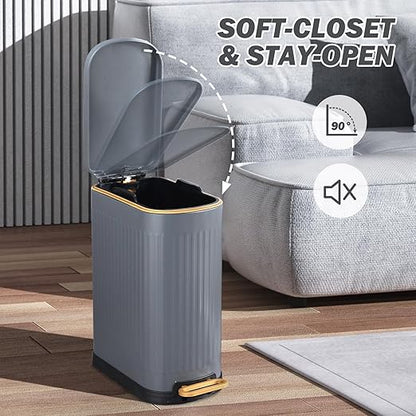 SYNCVIBE Slim Bathroom Trash Can with Soft Close Lid Stainless Steel Garbage Can Step Trash Bin with Removable Inner Bucket for Bedroom, Office, Kitchen (Matt Grey, 3.5 Gallons)